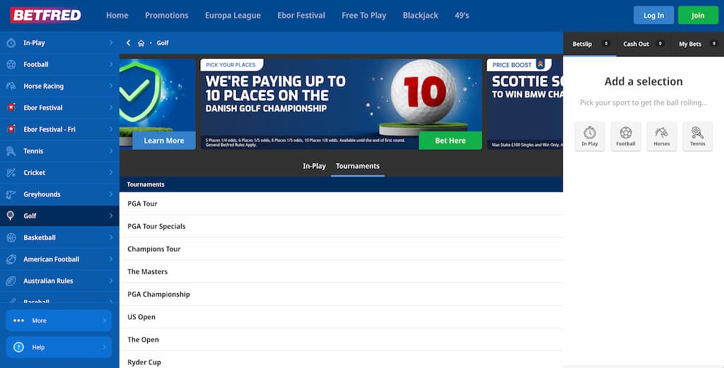 Betfred golf betting page